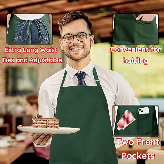 4 Pack Chef Apron, Waterproof Apron, Adjustable Apron with 2 Pockets for Men Women, Apron for Cooking Baking Restaurant(Green)