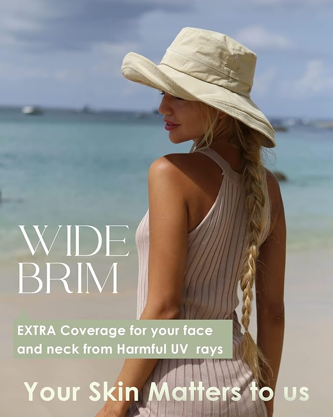 Sun Hats for Women Gardening Hat Wide Brim Ponytail Beach Sun Protection Breathable Cotton Summer Hat with Fold-Up Brim