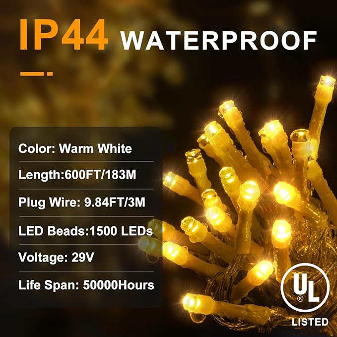 KNONEW 600ft 1500 LED Christmas String Lights Outdoor 8 Lighting Modes & Timer Dimmable Fairy Light Plug in Waterproof for Xmas Roof Yard Tree Wedding Party Holiday Decorations (Warm White)