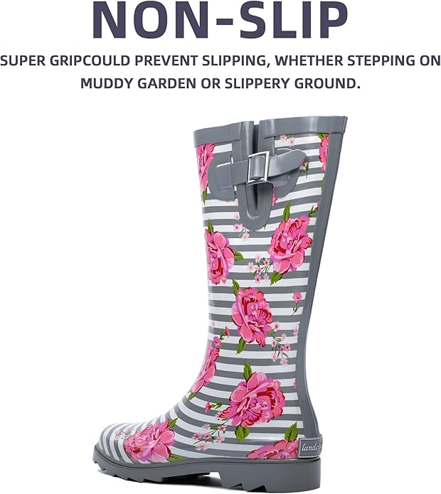 landchief Rain Boots for Women, Waterproof Ladies Tall Knee High Rubber boots,Comfort Garden Boots Anti-Slip Mid Heel Women Rain Shoes Outdoor