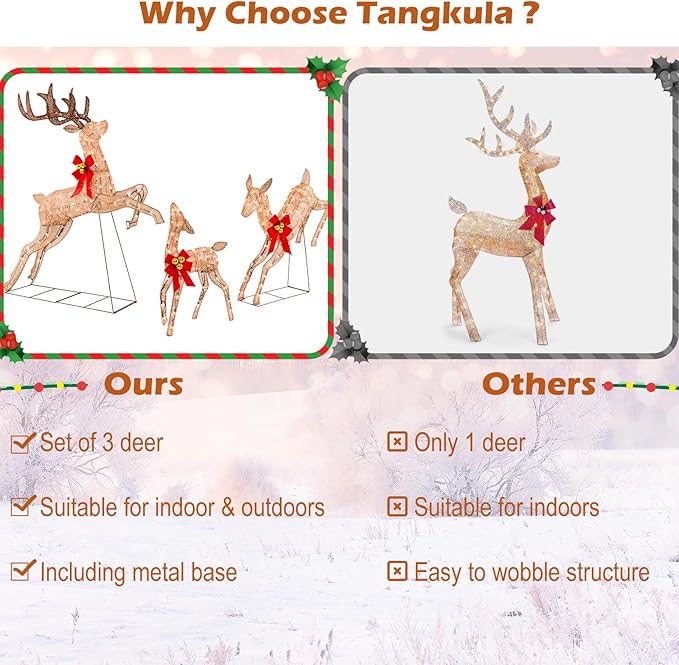 Tangkula 3 Pieces Lighted Christmas Reindeer, Holiday Reindeer Family Set with 255 Warm White Lights, Stakes, Indoor Outdoor Reindeer Christmas Decoration for Lawn Yard Garden