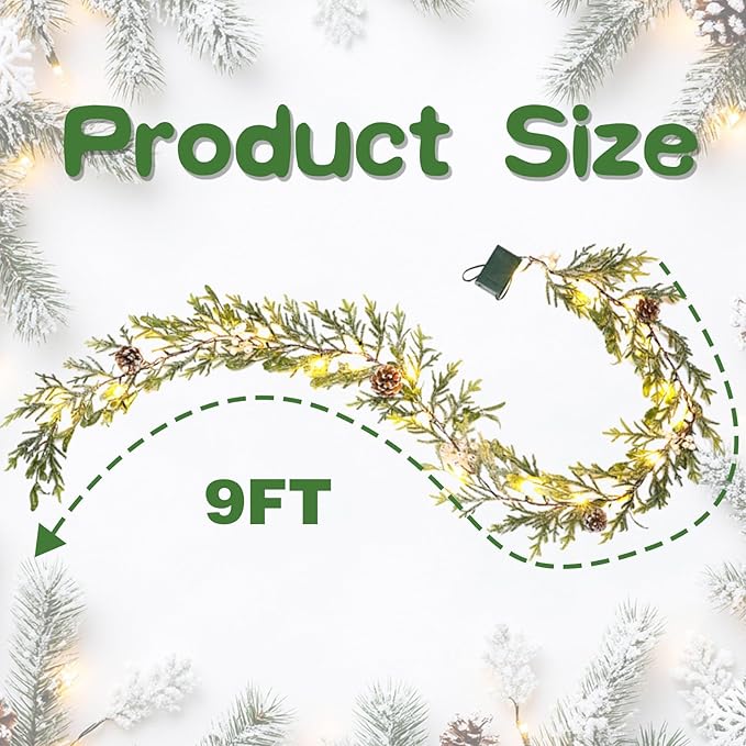 9FT Snow Cedar Pine Garland,Prelit Christmas Garland with Timer,Realistic Garlands Battery Operated for Winter Holiday Outdoor Staircase Decorations 30LED