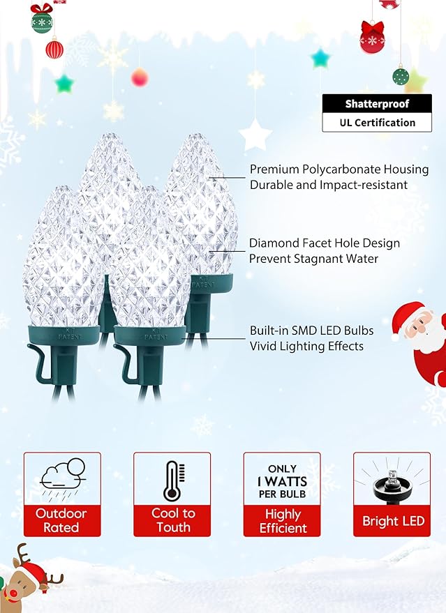 C9 LED Christmas Lights Outdoor, 81 Feet 100 LED String Light with Timer & 8 Lighting Mode, Waterproof Commercial Grade Christmas Tree Lights for Outside Indoor Roofline Patio, Pure White|2 Pack