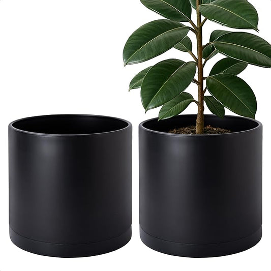 D'vine Dev 2 Pack 12 Inch Modern Plastic Plant Pots, Small Garden Planters for Plant with Drainage Holes and Saucers, Black Color, 74-Y-P-1