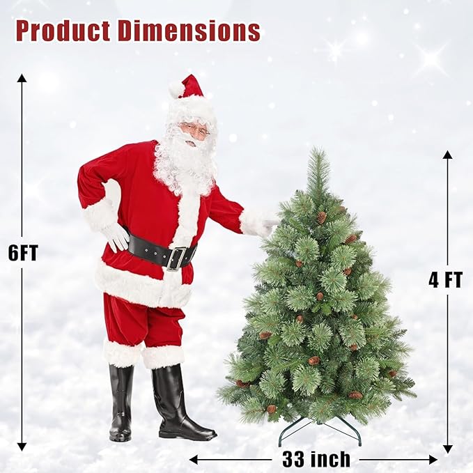 Kadunmina 4ft Artificial Christmas Tree Carolina Pine Tree, Unlit Hinged Premium Xmas Trees with 647 Branch Tips, Pine Cones, Foldable Metal Stand for Home, Office, Holiday Party Decoration