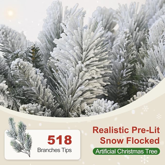 5 Ft Unlit Snow Flocked Christmas Tree, Artificial Xmas Tree with 518 PVC/PE Realistic Branch Tips, Metal Stand Decor for Holiday, Party, Home Easy to Assemble
