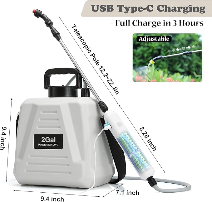Battery Powered Sprayer 2 Gallon, Powerful Electric Garden Sprayer with 3 Mist Nozzles, USB Rechargeable Handle, Retractable Wand and Adjustable Shoulder Strap for Irrigation, Weeding (White)