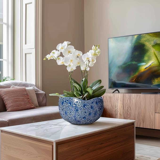 10 Inch Plant Pot - Ceramic Pots for Plants Indoor Outdoor, Round Bonsai Pots with Drainage Hole, Decorative Flower Pot, Modern Unique Planters, House Decor, Housewarming Gifts, Blue