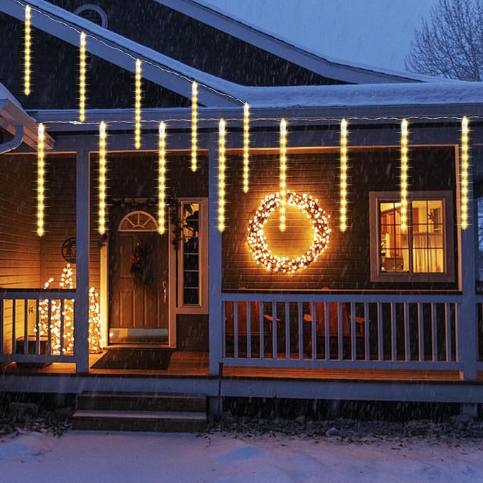 24 Tubes Meteor Shower Lights, Outdoor Icicles Christmas Decor, 12 Inch 864 LED Snow Falling Connectable Raindrop Lights, Xmas Wedding Party Tree Holiday Decoration, Warm White