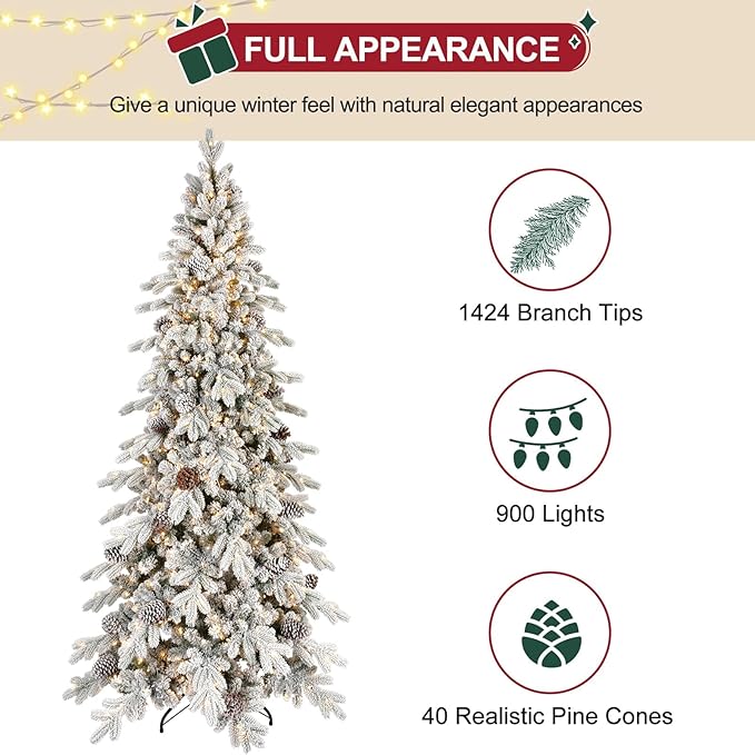 7.5 FT Pre-Lit Snow Flocked Slim Fir Christmas Tree with 1424 PE & PVC Mixed Branch Tips,Artificial Skinny Pencil Xmas Tree with 900 Warm-White Lights & 40 Pine Cones,Hinged Pine Tree with Metal Stand
