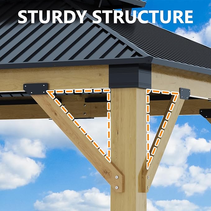 13x15FT Wood Gazebo,Outdoor Wooden Gazebo with Galvanized Steel Double Roof, Hardtop Gazebos for Garden, Patio, Deck, Backyard