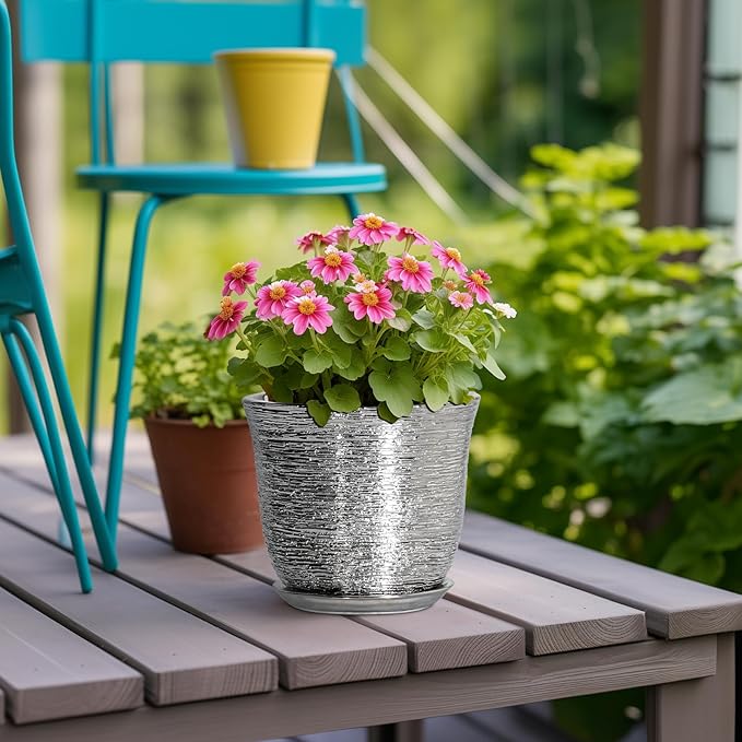 5.6 Inch Plant Pot - Ceramic Pots for Plants Indoor Outdoor, Succulent Orchid Pot with Drainage Hole and Saucer, Round Planter, Small Flower Pots, Room Decor, Gifts for Plant Lovers, Silver