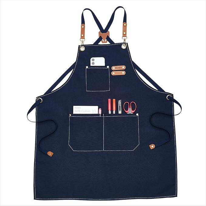 MEEDEN Painting Apron for Men Women: Adjustable Cross Back Waterproof Polyester Canvas Art Apron with 3 Pockets - Artist Apron for Acrylic Oil & Watercolor Painting, Gardening, Cooking - Navy