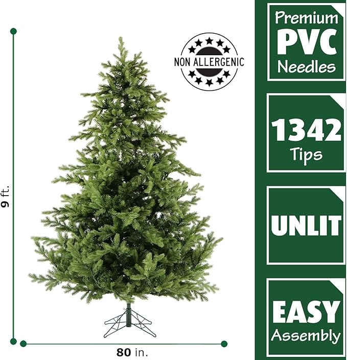Fraser Hill Farm 9-Ft. Woodside Pine Artificial Christmas Tree with Stand and No Lights, Unlit Foldable Fake Christmas Tree with Realistic Foliage for Home Decoration