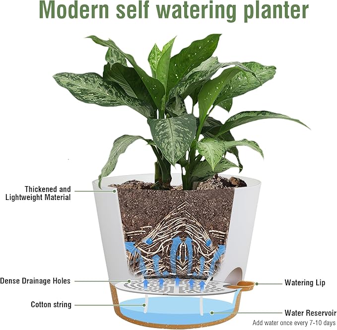 12 inch Large Self Watering Pots for Indoor Outdoor Plants, Flower Plant Pots with Drainage Holes for Garden House Plants, Plastic Planters with Reservoir for Home, White with Brown