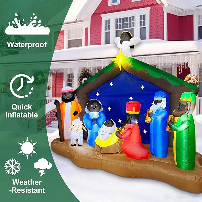 8 Ft Long 5.5 Ft Tall Christmas Inflatables African American Black Nativity Scene Set Outdoor Decorations with Angel, Built-in LED Light Blow Up Black Jesus Manger Set Xmas Inflatable Decor Yard Lawn