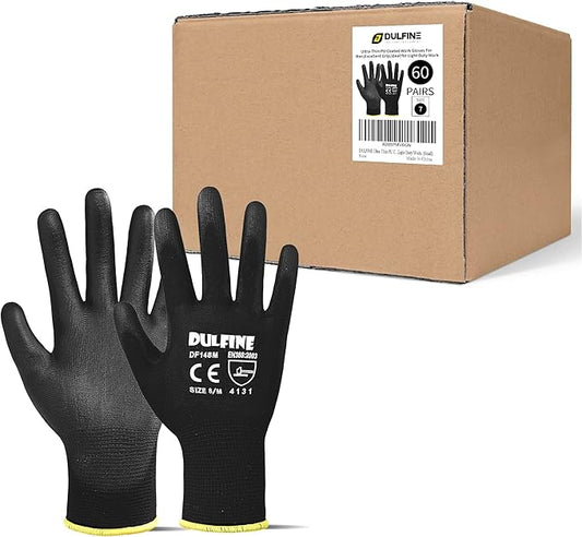 Ultra-Thin PU Coated Work Gloves-60 Pairs,Excellent Grip,Nylon Shell Black Polyurethane Coated Safety Work Gloves, Knit Wrist Cuff,Ideal for Light Duty Work. (Medium)