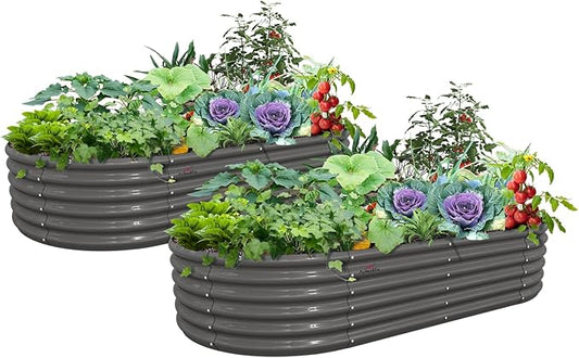 A ANLEOLIFE 2 Pcs 8X4X1.5 ft Oval Large Galvanized Raised Garden Beds Outdoor for Planting Vegetables Flowers Herb, Quartz Grey