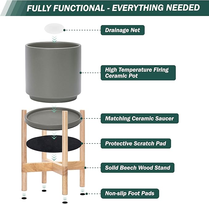 D'vine Dev Ceramic Planter with Natural Stand - 8 Inch Modern Round Flower Pot with Wood Planter Holder, Grey, 55-B-N-3