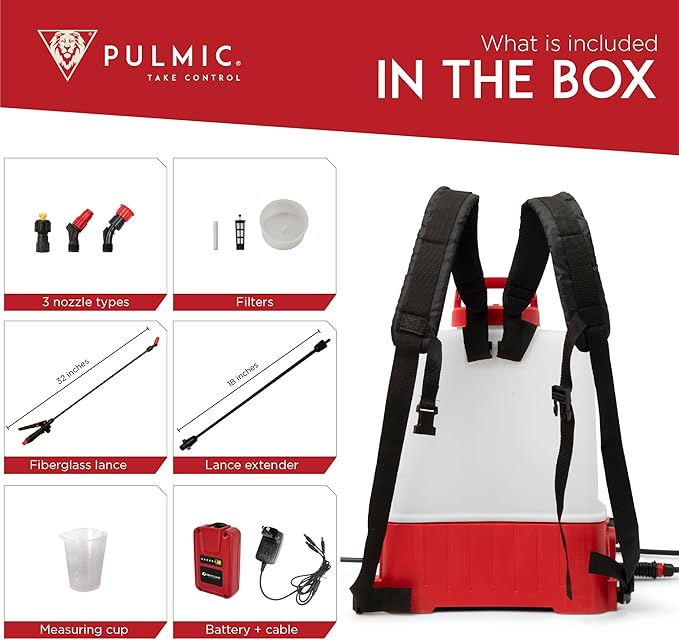 PULMIC Electric Sprayer Pegasus 35. 9.25-Gallon Cart Sprayer. 3 Application Speeds Up to 60 PSI Pressure. 18V Removable Lithium Battery. Up to 7 Hours of Autonomy. 20 ft Hose and Accessories Included