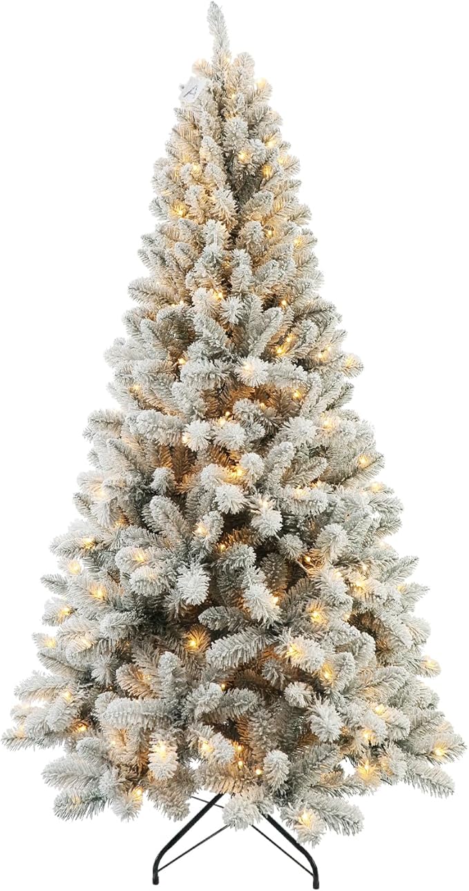 CHILLSUN Prelit Christmas Tree with Lights 6ft, Premium Snow Flocked Artificial Xmas Tree with 874 Branch Tips and 250 Warm Lightsm, Metal Reinforced Base Easy Assembly for Christmas Decorations,White