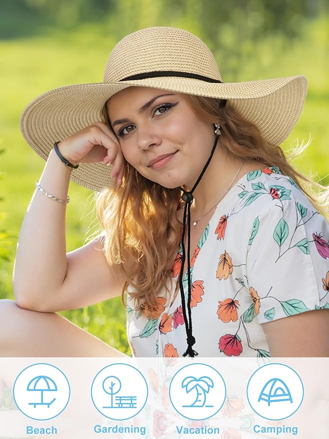 Senker Fashion Sun Hats for Women, Wind Lanyard Wide Brim Straw Hat for Summer Beach Garden Vacation Foldable UPF 50+