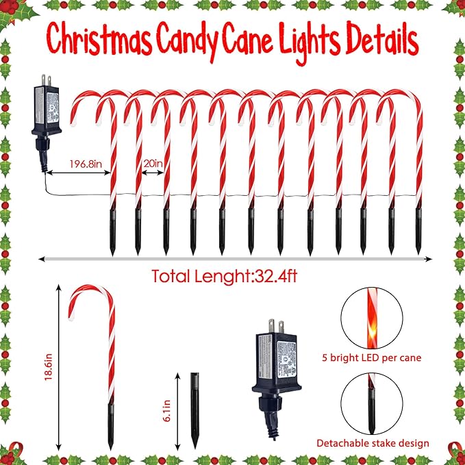 24 Pack Christmas Candy Cane Lights, Christmas Decorations Outdoor Waterproof with 8 Lighting Modes & Memory Function, Plug in Pathway Light for Outside Path Walkway Party Garden Yard Patio Xmas Decor