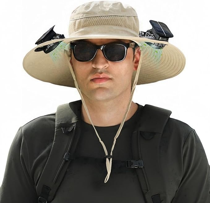 Solar Fan Hat, Wide Brim Sun Cap with 2 Solar Sun Protection Fans, USB and Solar Powered Fan Hat