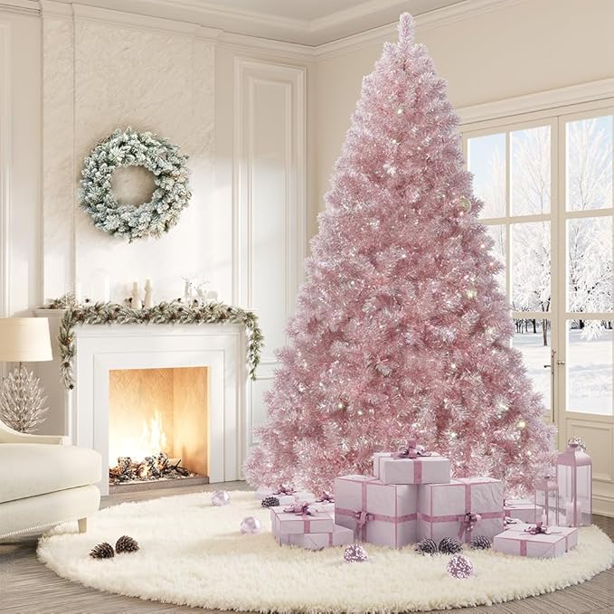 GarveeHome 4.5ft Prelit Artificial Christmas Tree with 150 Warm White Lights, Pre-Lit Snow Flocked Pencil Christmas Tree, Foldable Base,Holiday Decoration for Home, Office, Party,Rose Gold Tinsel