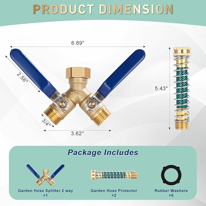 Dalmbox Garden Hose Splitter 2 Way With Long Handle, Garden Hose Adapter with 2 Pcs Garden Hose Coiled Spring Protectors and 6 Rubber Washers