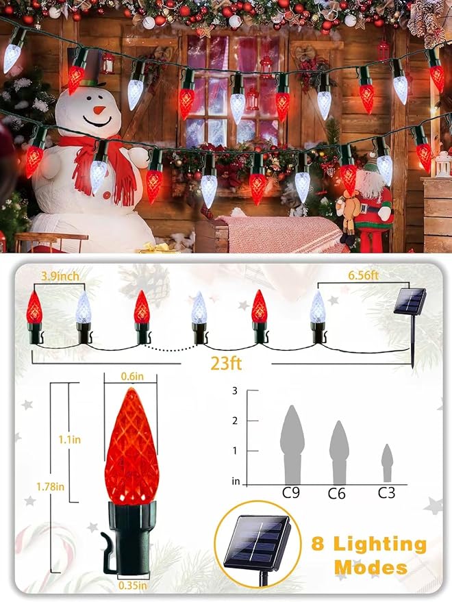 C6 Solar Christmas Lights Outdoor, 50 LED 16FT Christmas Decorations Outdoor Waterproof, Solar String Lights for Outside with 8 Modes, Fairy Twinkle Light for Tree Garden Xmas Decor (Red and White)