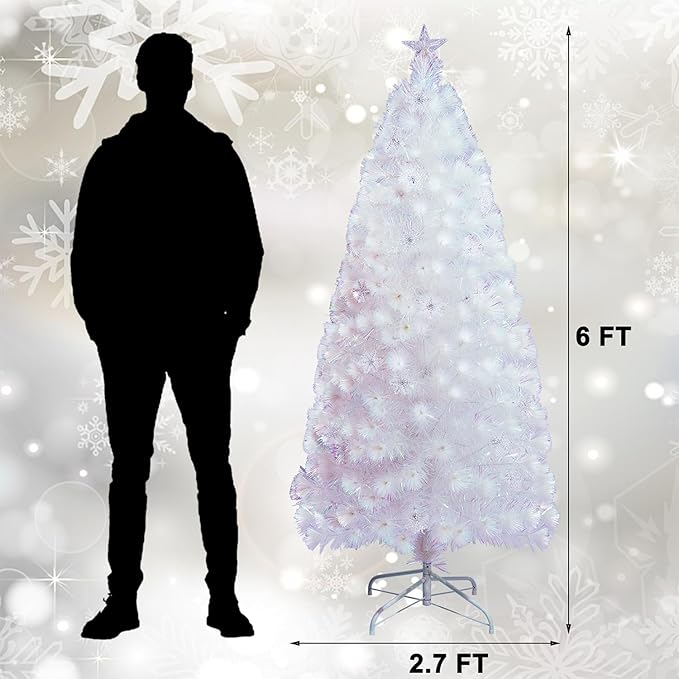 Juegoal 6ft Pre-Lit Artificial Christmas Tree, Lighted Optical Fiber Xmas Trees with Color Changing LED Lights, Snowflakes & Top Star, Party Home Holiday Fake Multicolored Tree with Metal Legs, White
