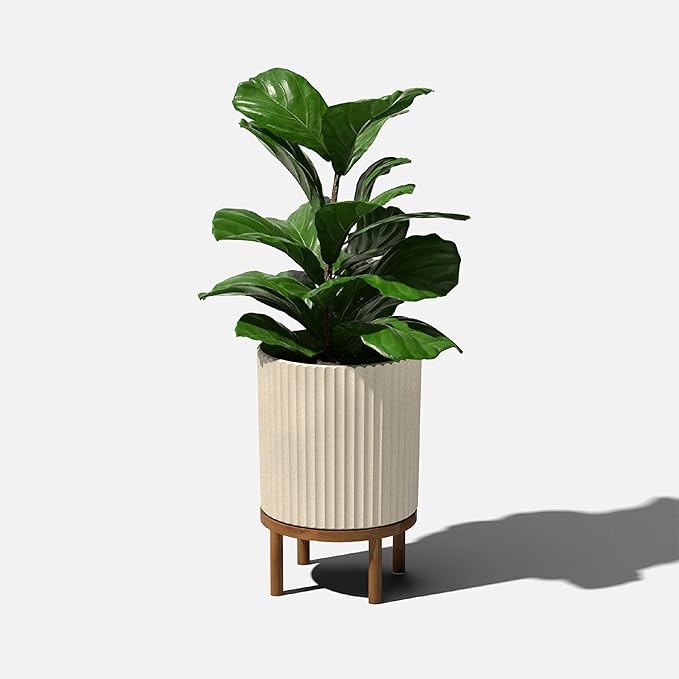 Veradek Demi Series Round Planter w/ Stand for Porch/Patio | Durable Plastic-Concrete & Wooden Stand | Modern Décor for Tall Plants, Flowers