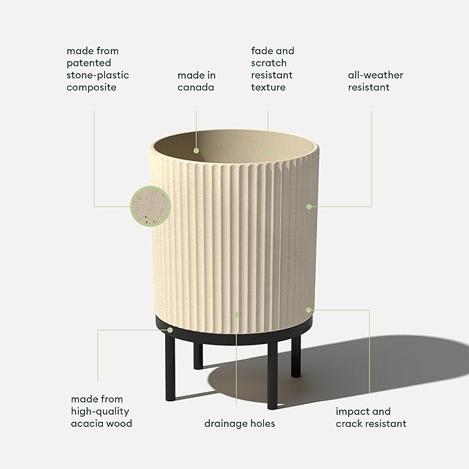 Veradek Demi Series Round Planter w/ Stand for Porch/Patio | Durable Plastic-Concrete & Wooden Stand | Modern Décor for Tall Plants, Flowers