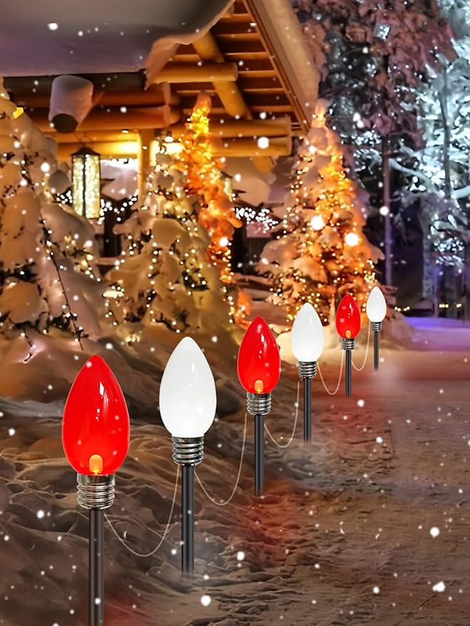12 Pack Large C9 Christmas Decorations Outdoor Waterproof, Solar C9 Christmas Lights Outdoor with 2 Modes, Solar Pathway Light for Outside Party Yard Lawn Patio Walkway Xmas Decoration (Red and White)