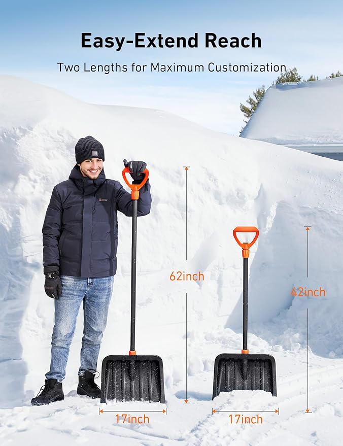 AstroAI 62" Heavy-Duty Snow Shovel with Adjustable Ergonomic D-Shape Handle, 17-Inch Wide Snow Shovel for Car with Stainless Steel Blade, Easily Remove Heavy Snow from Car, Driveway, Yard