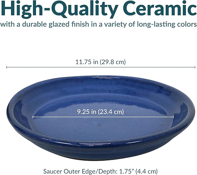 Sunnydaze 9-Inch Ceramic Plant Saucers - Plant Drip Trays for Outdoor Planter Flower Pot Drainage - Set of 2 - Imperial Blue