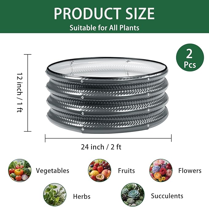 2 Pcs 2x2X1 FT Round Galvanized Raised Garden Bed Kit, Gray Outdoor Planter Garden Bed, Metal Raised Box for Vegetables, Fruits, Flowers & Herbs