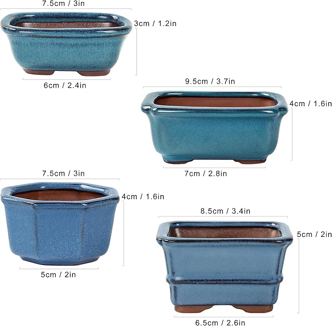 Bonsai Planter Succulent Mini Glazed Pots Value Set of 4, with 4 Soft Mesh Drainage Screens