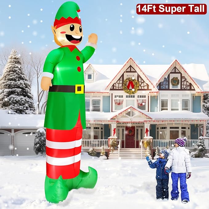 14 Ft Super Tall Christmas Inflatable Elf, Christmas Inflatables Decoration Outdoor Blow Up Giant Santa Elf with Built-in LED Lights Inflatable Christmas Decoration for Yard Outside Garden Lawn