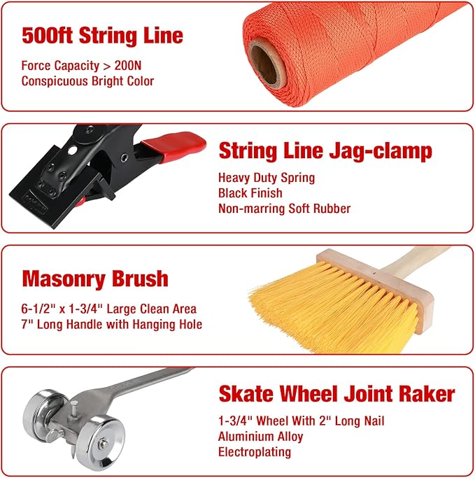 Goldblatt 12PC Masonry Hand Tool Set Organized in Tool Bag - Philadelphia/Pointing/Margin/Tuck Pointing Trowel, Skate Wheel Joint Raker, Convex Brick Jointer, String Line & Jag-clamp, Masonry Brush