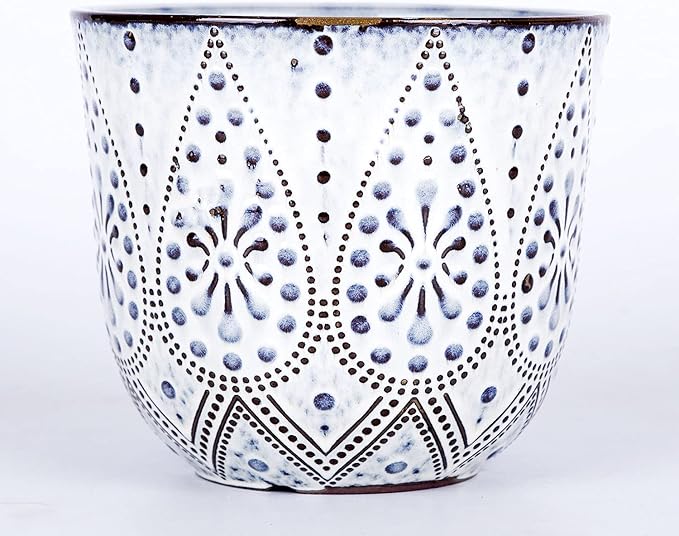 VanEnjoy 5.9 inch Round Bohemian Style Ceramic Planter, Geometry Engrave Off White Brown Succulent Planter Flower Pot, Indoor Outdoor Decorative Planter