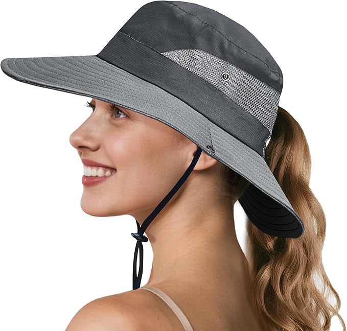 NPQQUAN Ponytail Sun Bucket Hats for Women Men Wide Brim UPF 50+ Fishing & Beach Hats