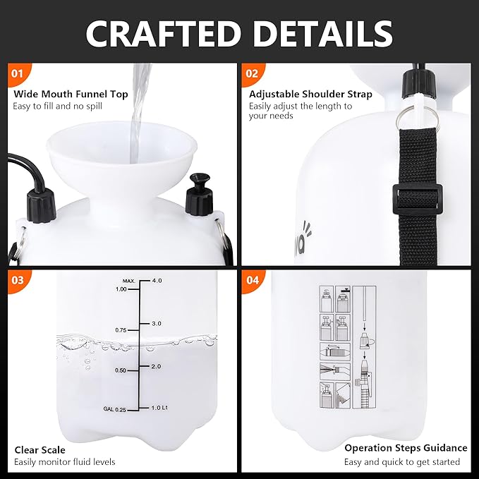 1 Gallon/4L Pump Sprayer, Pressurized Water Spray Bottle with 2 Nozzles, Adjustable Shoulder Strap & Safety Valve, Lawn and Garden Sprayer for Watering, Fertilizing, Cleaning