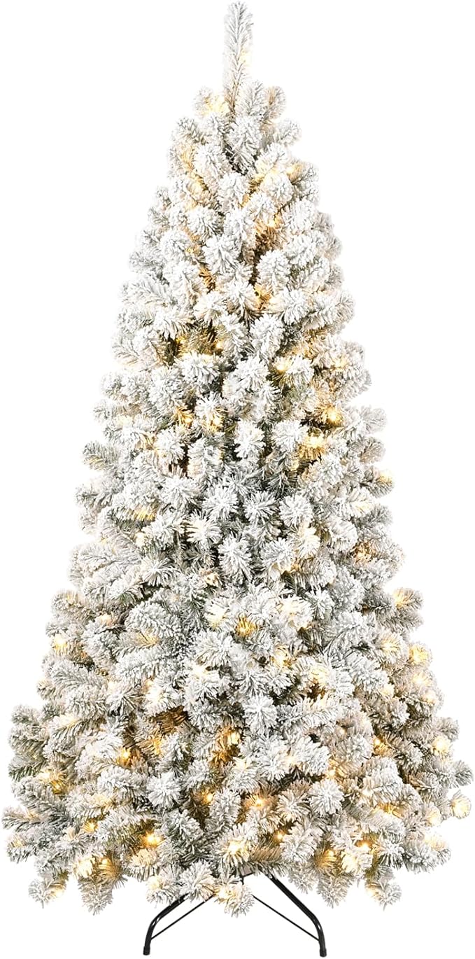 6ft Per-Lit Snow Flocked Christmas Tree, Artificial Christmas Tree with 300 Warm White Lights,779 Branch Tips, Premium Green Full Xmas Tree for Easy Holiday Setup, Foldable Metal Base