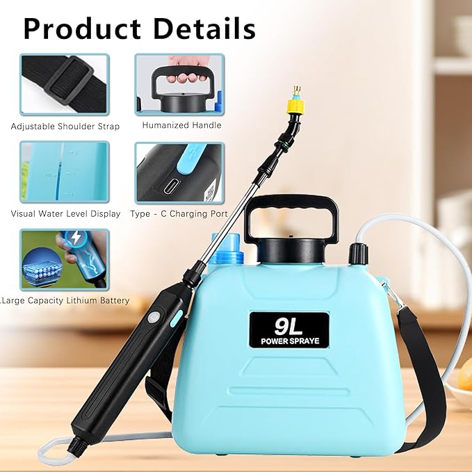 2.4 Gallon Battery Powered Sprayer, Electric Battery Operated Sprayer, Weed Power Sprayers in Lawn and Garden with Adjustable Shoulder Strap and Rechargeable Handle, 3 Mist Nozzles (Blue)