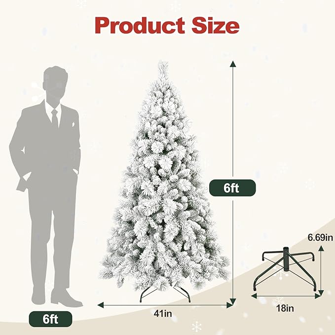 6 Ft Unlit Snow Flocked Christmas Tree, Artificial Xmas Tree with 752 PVC/PE Realistic Branch Tips, Metal Stand Decor for Holiday, Party, Home Easy to Assemble