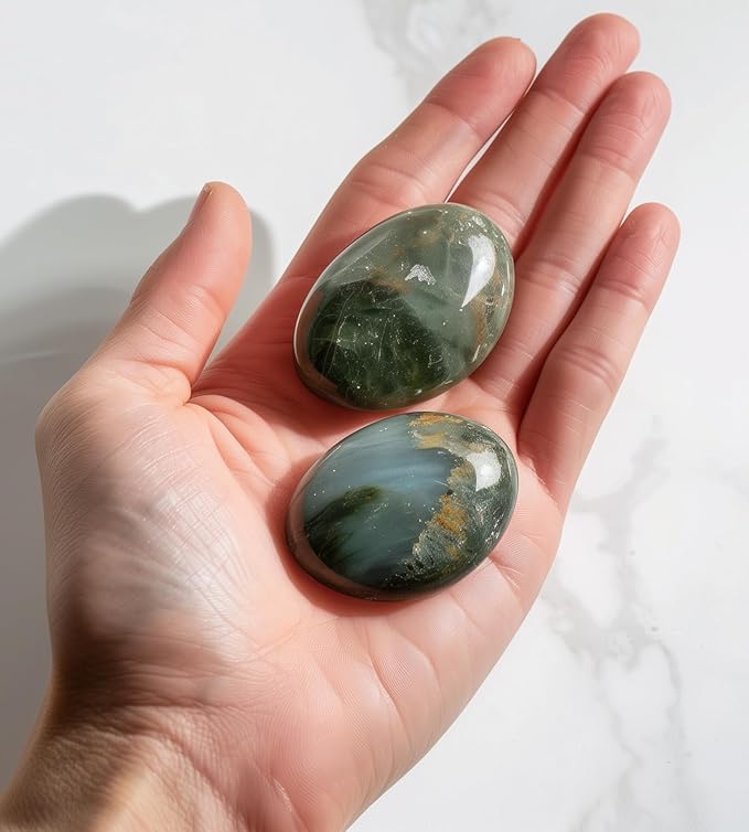 Polished Moss Agate Crystal Stones - 2 Pieces of 1.2-Inch Super Large Handpicked Natural Tumbled Gemstones for Reiki, Chakra Healing, and Home Decor