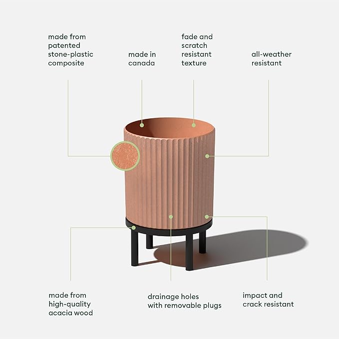 Veradek Demi Series Round Planter w/Stand for Porch/Patio | Durable Plastic-Stone Composite & Wooden Stand | Modern Décor for Tall Plants, Flowers