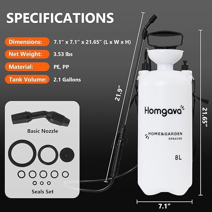 2.1 Gallon/8L Pump Sprayer, Pressurized Water Spray Bottle with 2 Nozzles, Adjustable Shoulder Strap & Safety Valve, Lawn and Garden Sprayer for Watering, Fertilizing, Cleaning